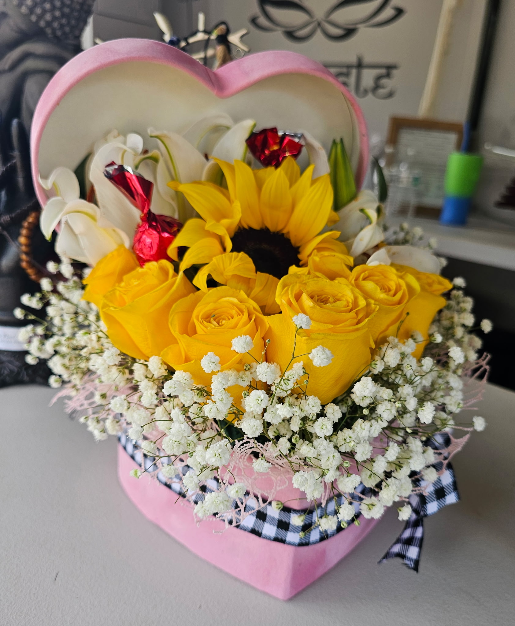 Yellow roses and sunflowers heart box